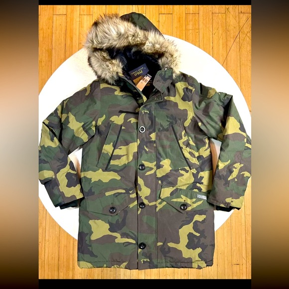 $498 Polo Ralph Lauren Men SMALL Green Camo Parka Down Jacket Faux